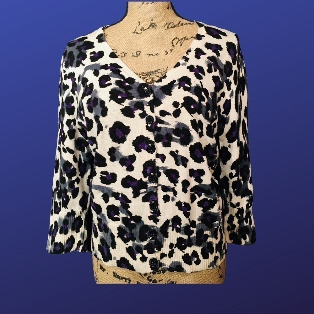 NICOLE MILLER Spring Summer Cardigan, Pre-owned; Multicolor LEOPARD print, Large